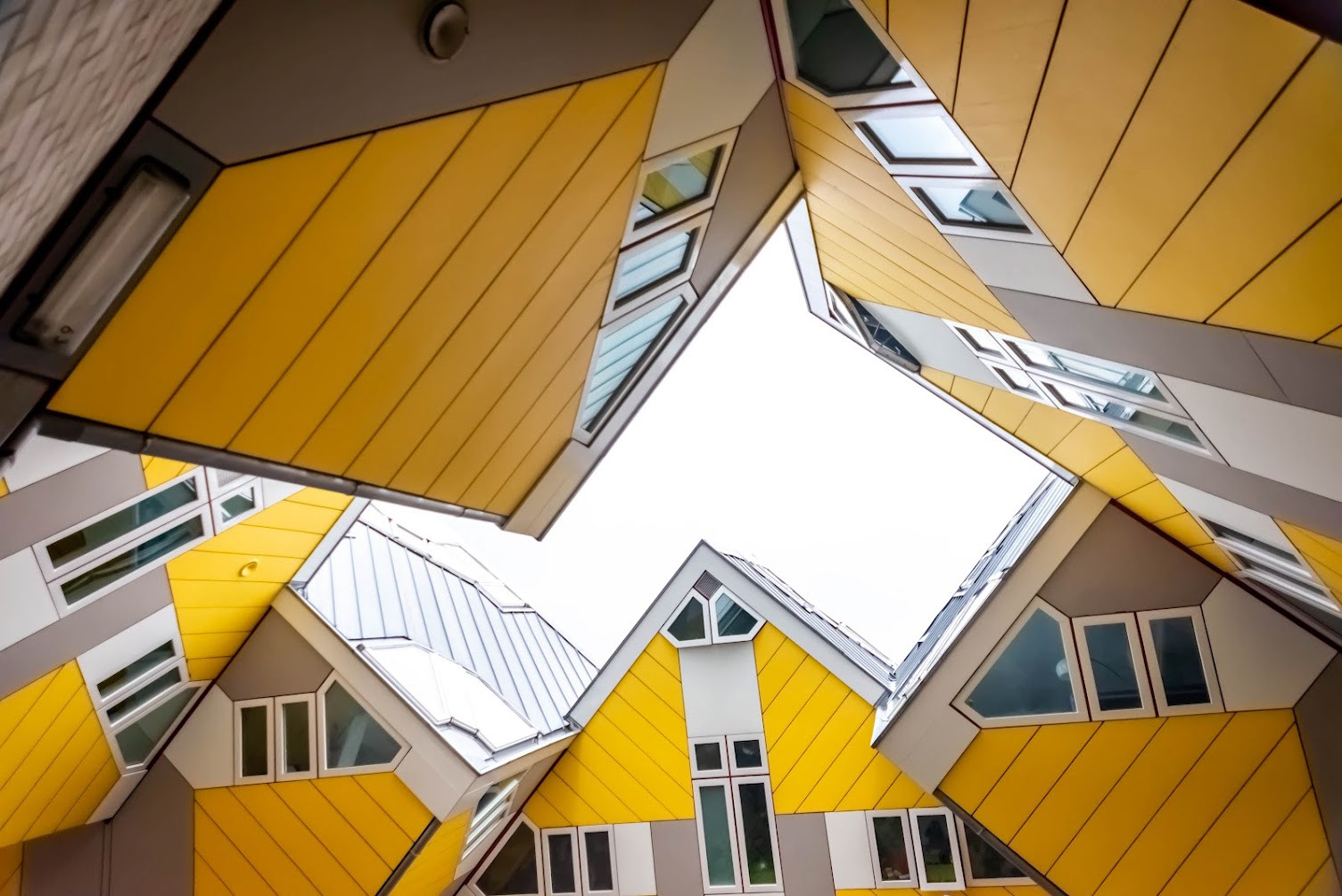 From within the kubus haus structure, looking up you can see the sky framed from all sides, Rotterdam, NL
